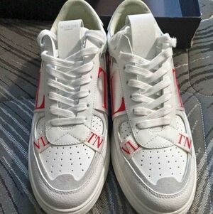 Valentino White Low-Top Sneakers with Red Logo Accents